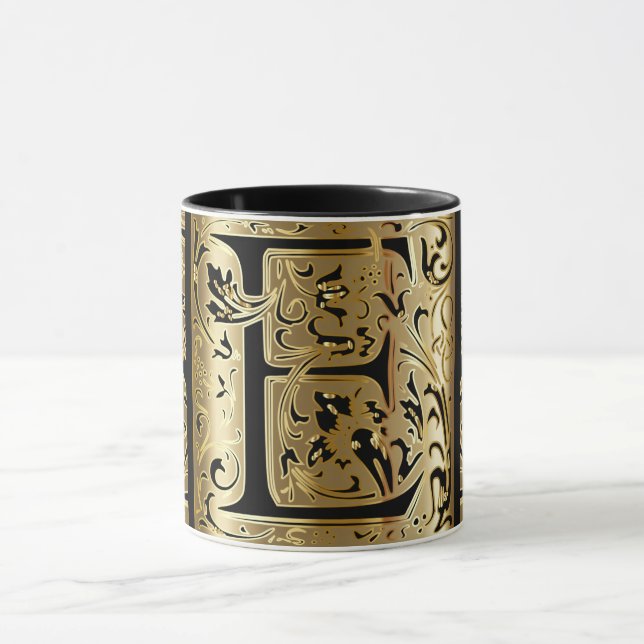 Decorative Black and Gold Letter E Coffee Mug (Center)