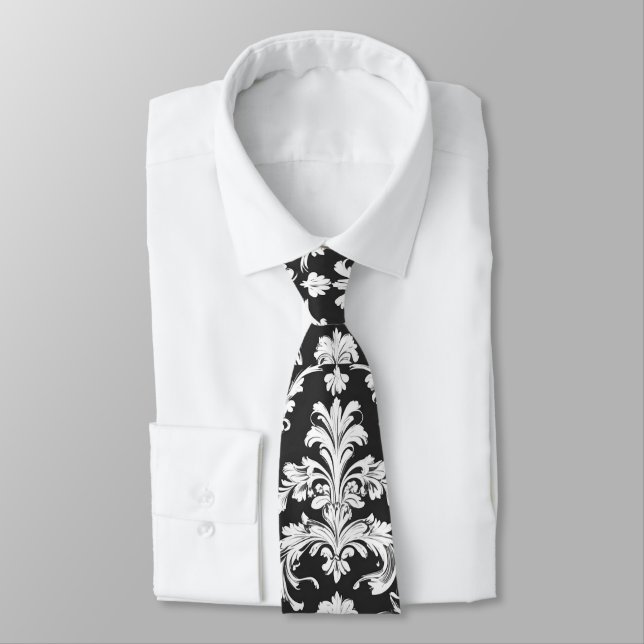 Decorative Black and White Damask Pattern Tie (Tied)