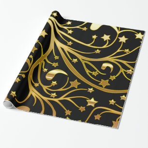 Decorative Black Gold Look Chic Christmas Stars Wrapping Paper