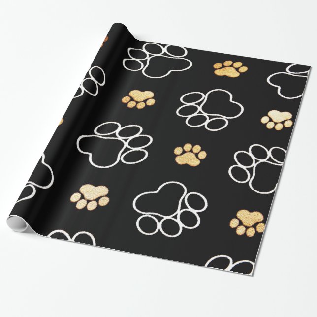 Decorative Black White and Gold Animal Paw Wrapping Paper (Unrolled)