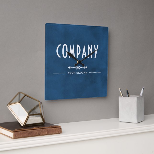 Decorative Blue Company Name Square Wall Clock (Office)