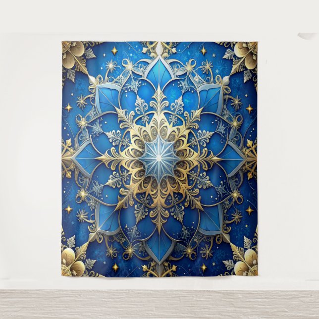 Decorative Blue Gold Holiday Backdrop Tapestry (Front)