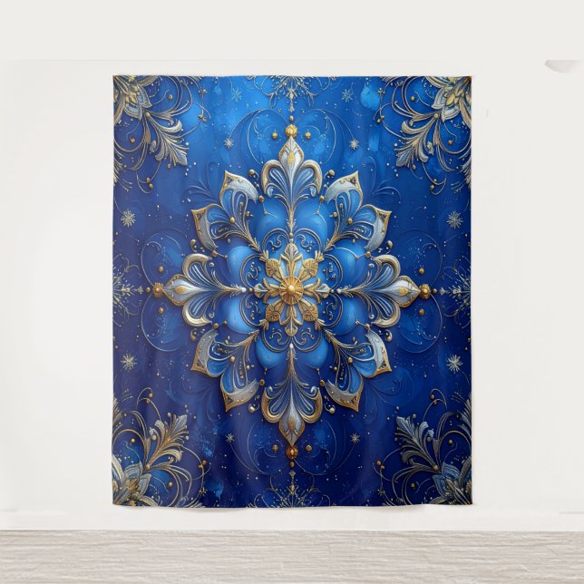 Decorative Blue Gold Holiday Backdrop Tapestry (Front)