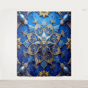 Decorative Blue Gold Holiday Backdrop Tapestry