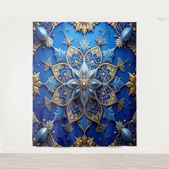 Decorative Blue Gold Holiday Backdrop Tapestry (Front)
