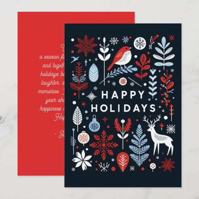 Decorative Blue Red White Flora Holiday  Card (Front/Back)