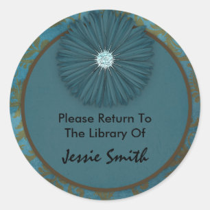 Decorative Blue Swirl Flower Name Bookplate Classic Round Sticker
