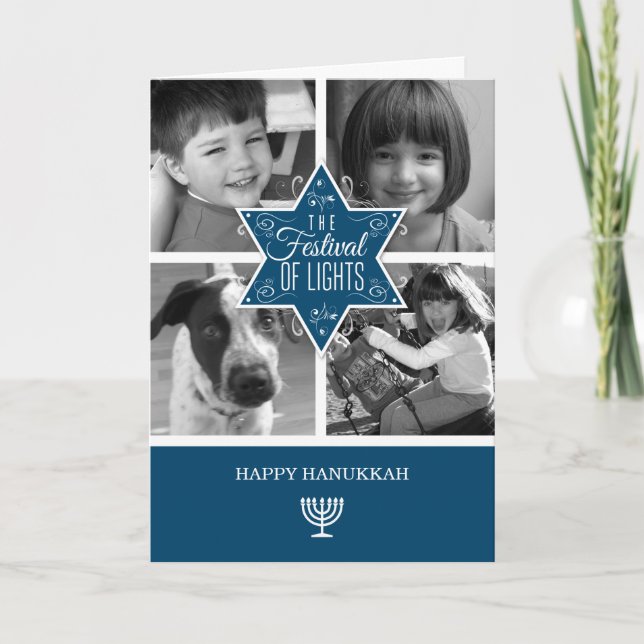 Decorative Blue Typography Star of David Hanukkah Holiday Card (Front)