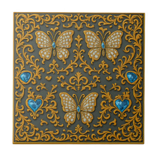 Decorative Butterfly Design in Gold and Blue  Tile