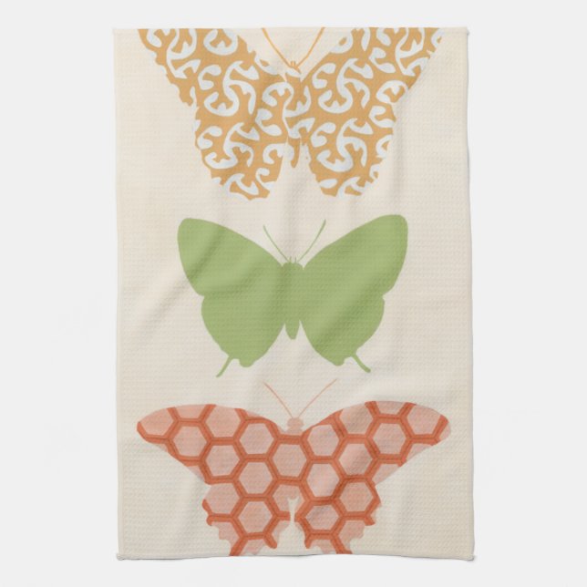 Decorative Butterfly Patterns on Cream Background Tea Towel (Vertical)