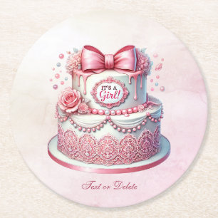 Decorative Cake Pink Bow Paper Coaster