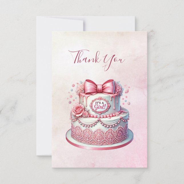 Decorative Cake Pink Bow Thank You Card (Front)