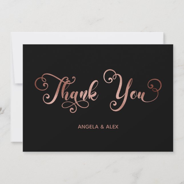 Decorative Calligraphy Faux Rose Gold Foil Black Thank You Card (Front)