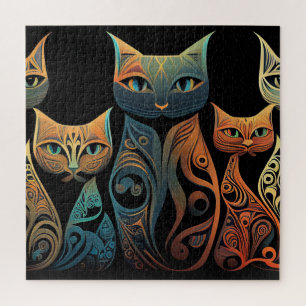 Decorative Cats in Teal Orange and Golden Lines Jigsaw Puzzle