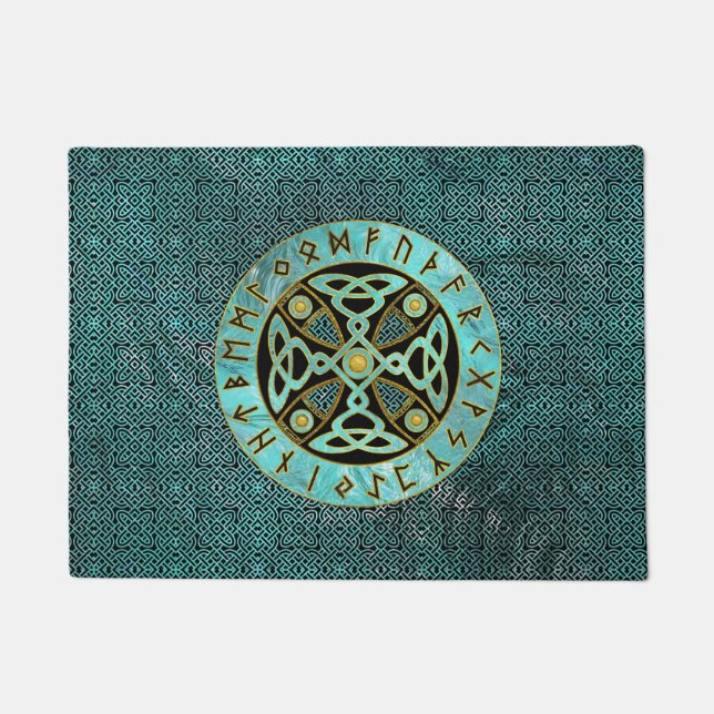 Decorative Celtic Cross  - and Runes alphabet Doormat (Front)