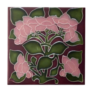 Decorative Ceramic Tile - Pink Floral Art Nouveau
