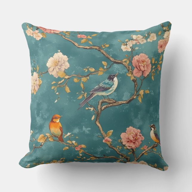 Decorative Chinoiserie Bird Pattern Throw Pillow (Front)