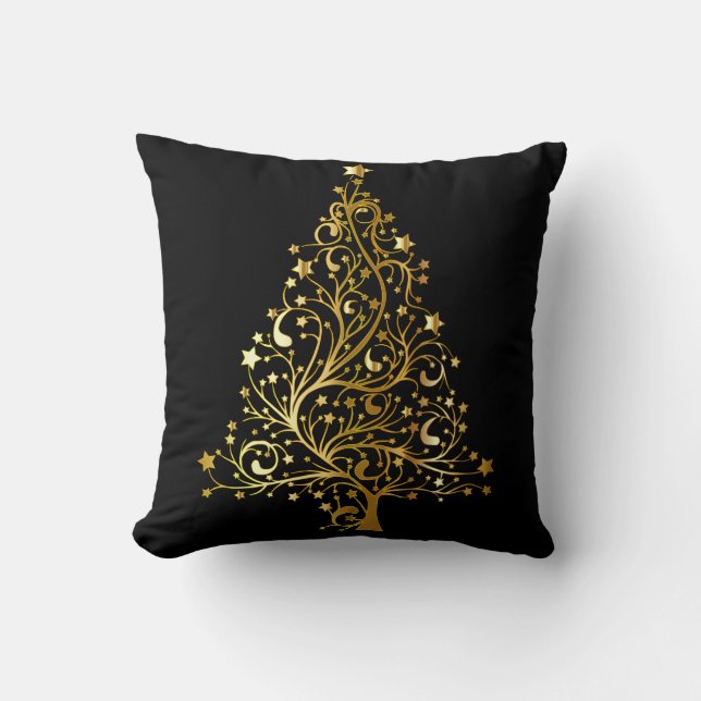 Decorative Christmas Gold Glitter Tree Black Cushion (Front)