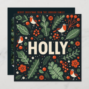 Decorative Christmas holly berries and robins Holiday Card