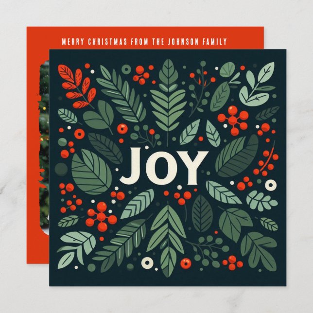 Decorative Christmas JOY holly berries Holiday Card (Front/Back)