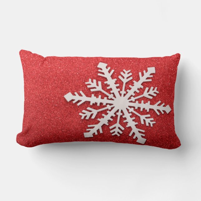 Decorative Christmas Red Glitter Snowflake Holiday Lumbar Cushion (Front)