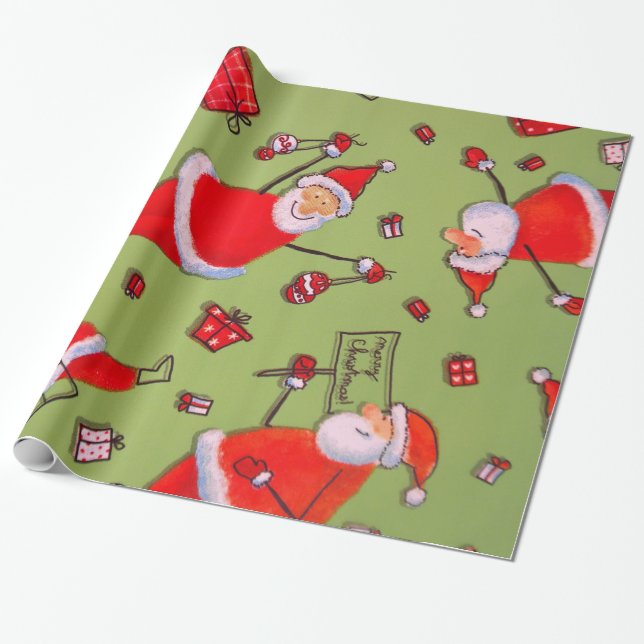 Decorative Christmas Santa Cluas Elegant in Green Wrapping Paper (Unrolled)