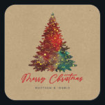 Decorative Christmas Tree Merry Christmas Square Sticker<br><div class="desc">Beautiful decorated lit Christmas Tree with Merry Christmas calligraphy script against kraft effect paper.  Customise with name and year.  Happy Holidays!</div>