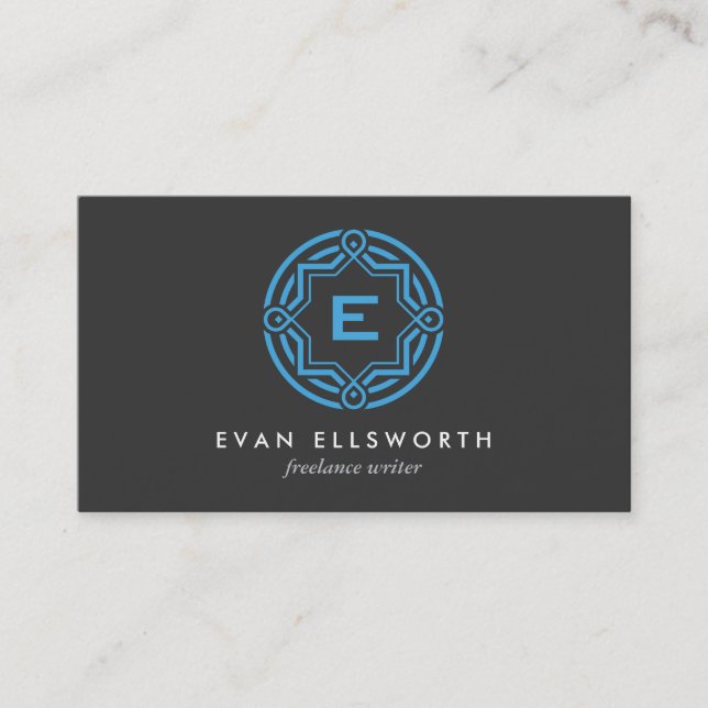 DECORATIVE CIRCLE LOGO with YOUR INITIAL Blue Grey Business Card (Front)