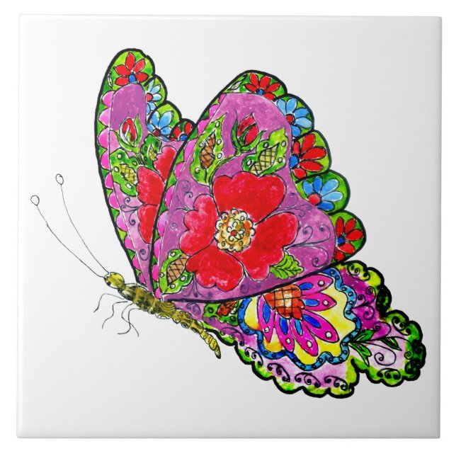 Decorative colourful floral butterfly tile (Front)