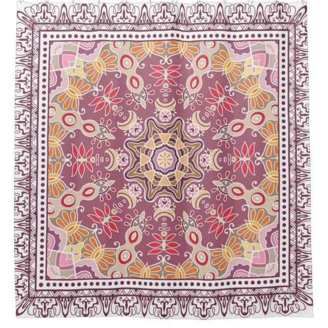 Decorative colourful ornament on white background, shower curtain (Front)