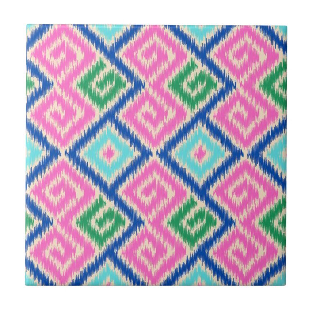 Decorative colourful Pretty Mexican ikat Pink Blue Tile (Front)