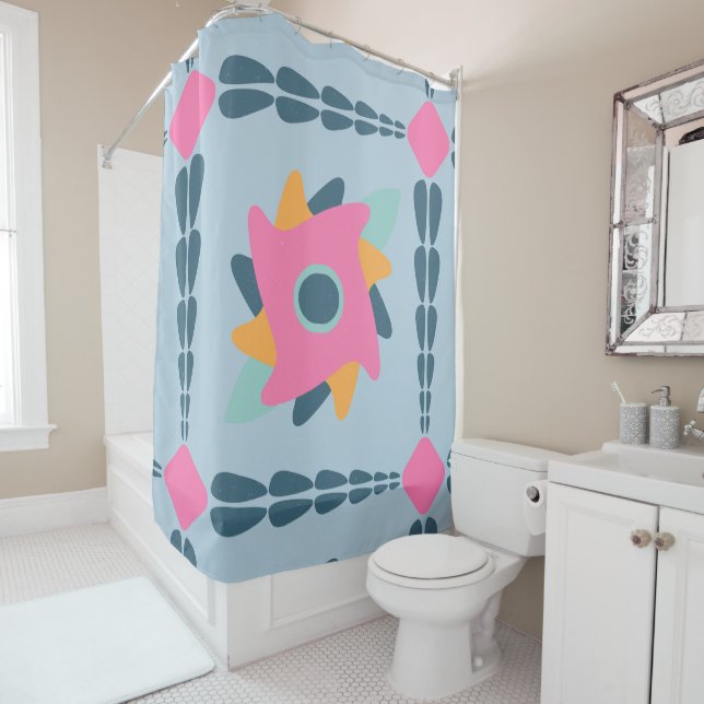 Decorative colourful tile shower curtain (In Situ)