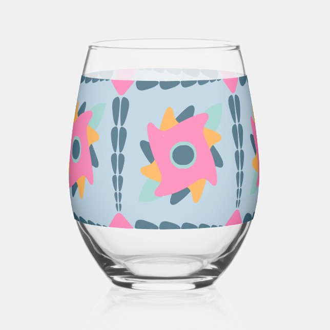 Decorative colourful tile stemless wine glass (Front)