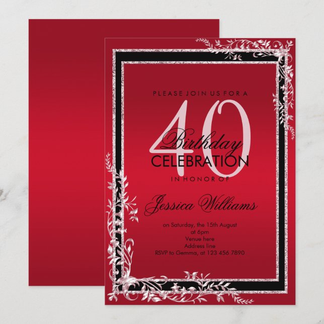Decorative Corners Ruby & Black Birthday Invitation (Front/Back)