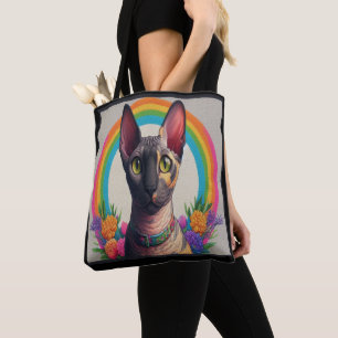 Decorative Cornish Rex Cat Colourful Floral Border Tote Bag
