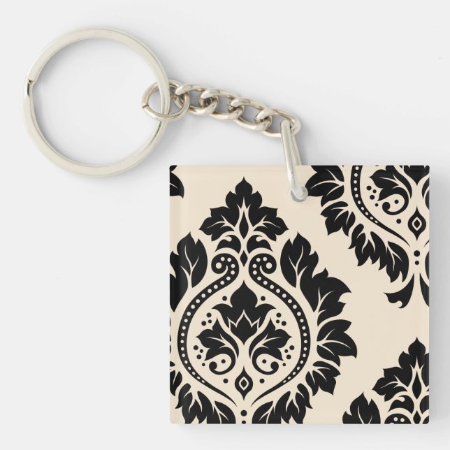Decorative Damask Art I – Black on Cream Key Ring (Front)