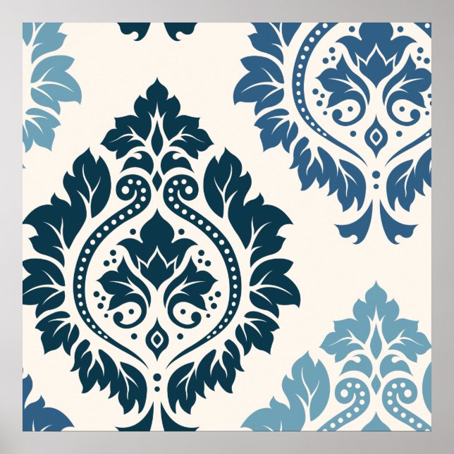 Decorative Damask Art I Blues on Cream Poster (Front)