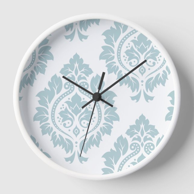 Decorative Damask Art I Duck Egg Blue on White Clock (Front)