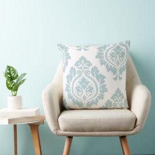 Decorative Damask Art I Duck Egg Blue on White Cushion