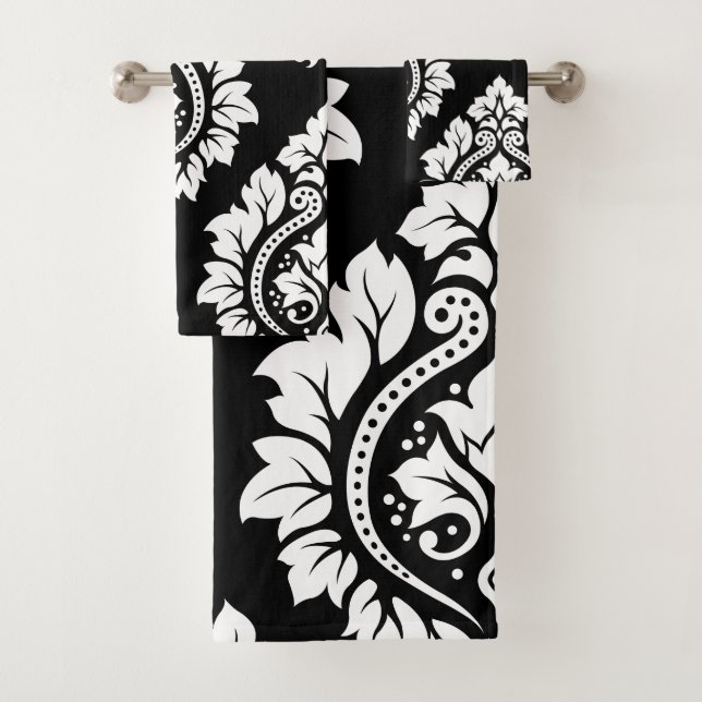 Decorative Damask Art I White on Black Bath Towel Set (Insitu)