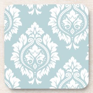 Decorative Damask Art I White on Duck Egg Blue Coaster