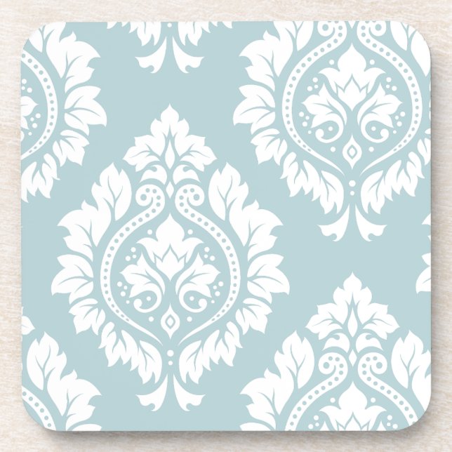 Decorative Damask Art I White on Duck Egg Blue Coaster (Front)