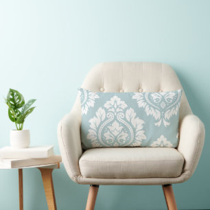 Decorative Damask Art I White on Duck Egg Blue Lumbar Cushion
