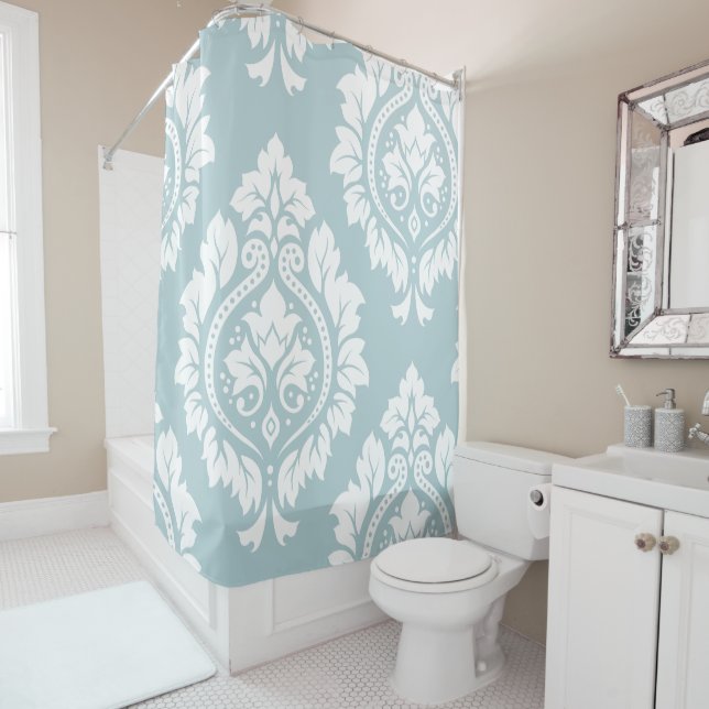 Decorative Damask Art I White on Duck Egg Blue Shower Curtain (In Situ)