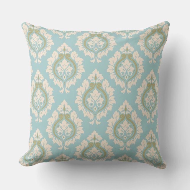 Decorative Damask Pattern – Cream & Gold on Blue Cushion (Front)