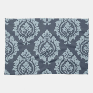 Decorative Damask Pattern Light on Dark Blue-Grey Tea Towel