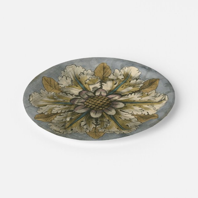 Decorative Demask Rosette on Grey Background Paper Plate (Angled)