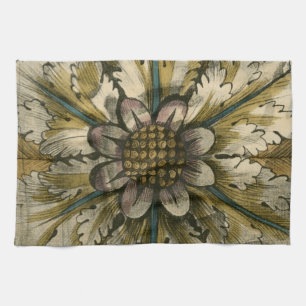 Decorative Demask Rosette on Grey Background Tea Towel