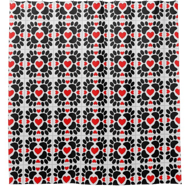 Decorative Dog Paw Prints And Red Hearts Tiles Shower Curtain (Front)