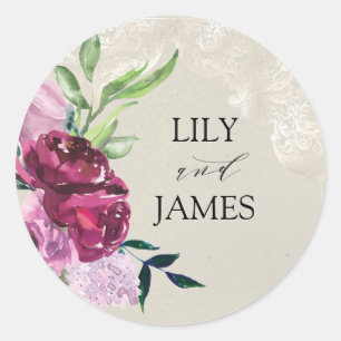 Decorative dove grey & wine & pink roses Wedding Classic Round Sticker